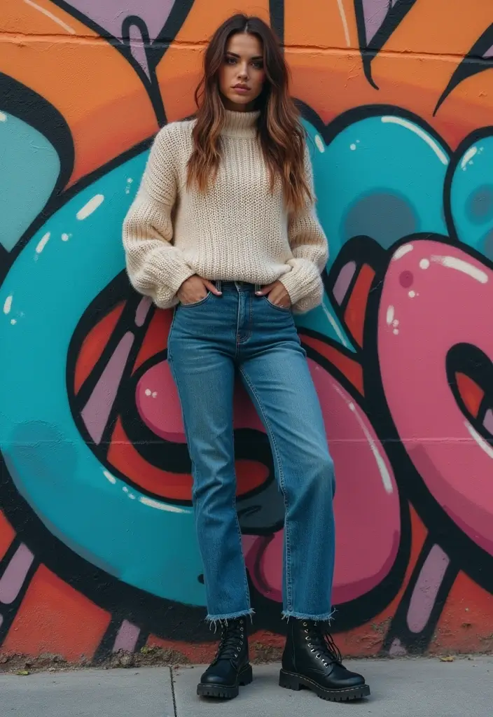 25 Jeans Rectos Outfit Ideas That Feel Effortless - 11. Chunky Knit Sweater and Combat Boots