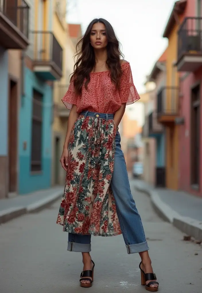 25 Jeans Rectos Outfit Ideas That Feel Effortless - 13. Printed Midi Skirt Under Straight-Leg Jeans