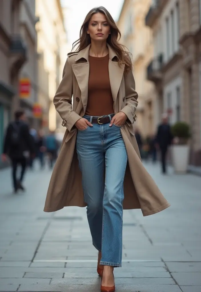25 Jeans Rectos Outfit Ideas That Feel Effortless - 17. Classic Trench Coat with a Scarf
