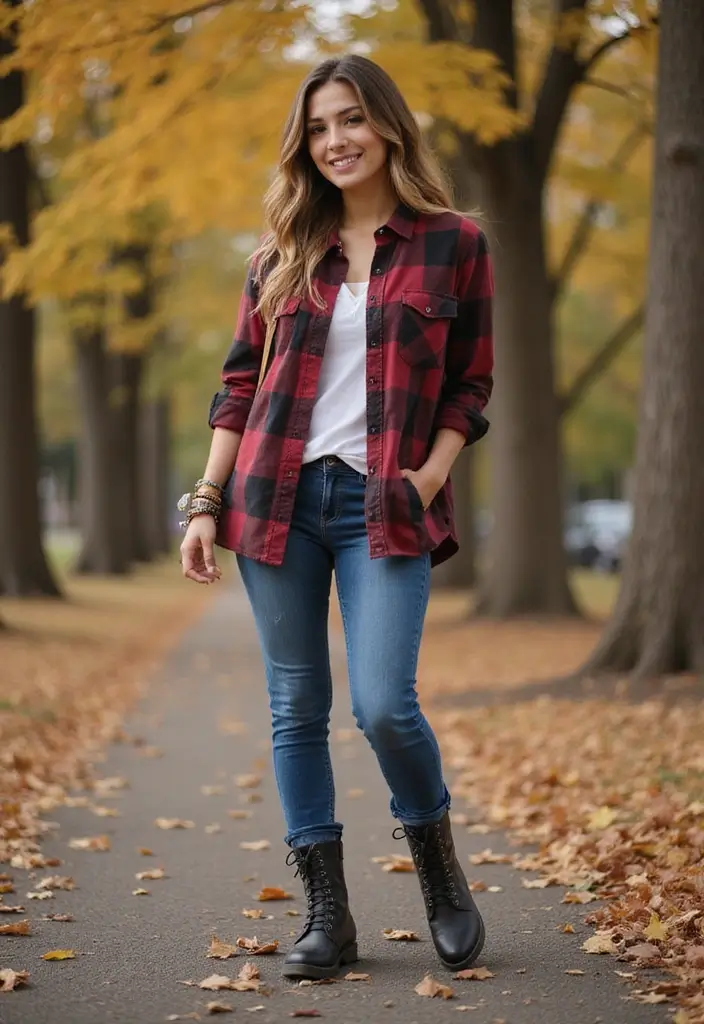 25 Jeans Rectos Outfit Ideas That Feel Effortless - 22. Relaxed Fit Flannel and Combat Boots