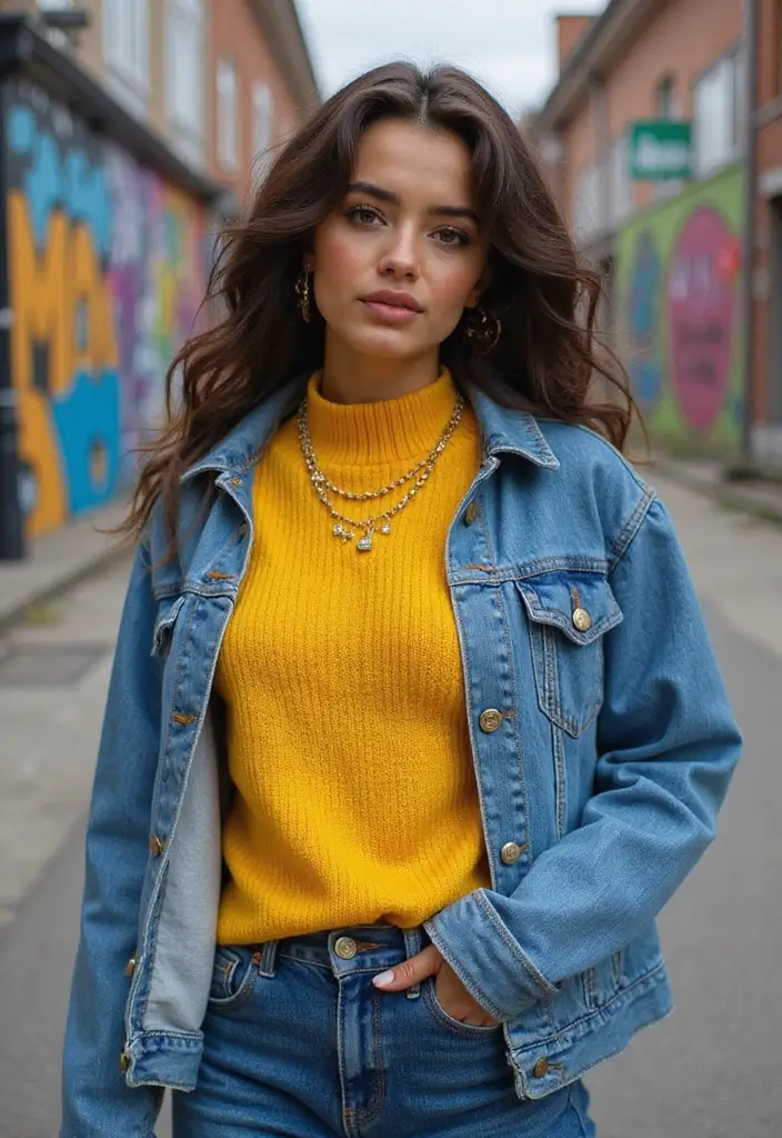 25 Yellow Sweater Outfit Inspirations For Real Life - 11. Yellow Sweater with a Denim Jacket