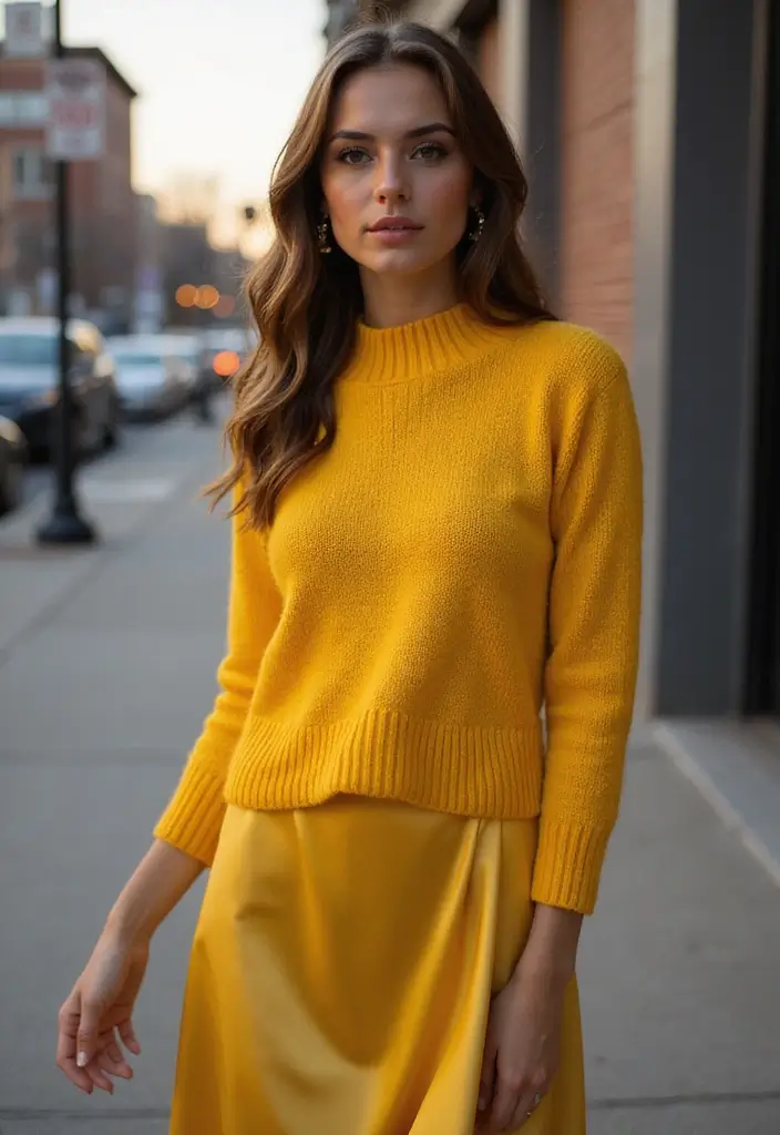 25 Yellow Sweater Outfit Inspirations For Real Life - 12. Yellow Sweater with a Slip Skirt
