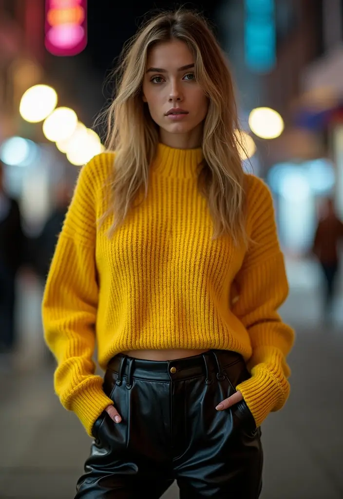 25 Yellow Sweater Outfit Inspirations For Real Life - 13. Yellow Sweater with Leather Pants