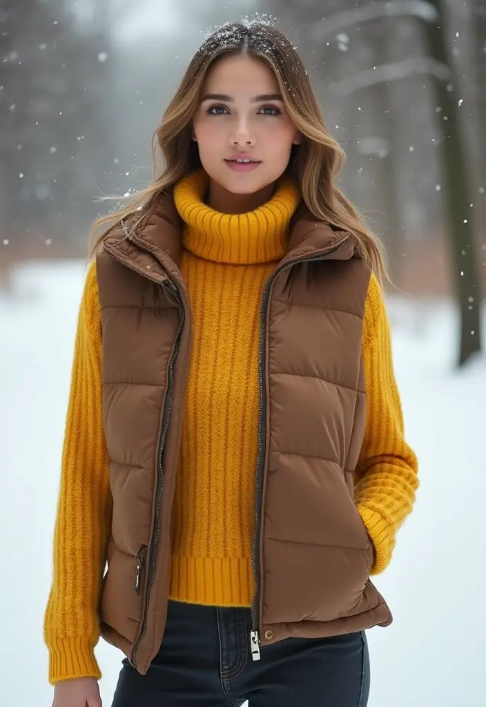 25 Yellow Sweater Outfit Inspirations For Real Life - 17. Yellow Sweater with a Puffer Vest