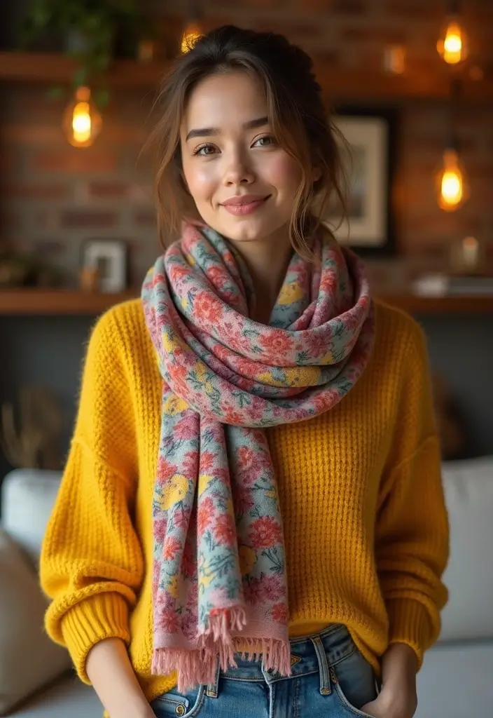 25 Yellow Sweater Outfit Inspirations For Real Life - 19. Yellow Sweater with a Printed Scarf