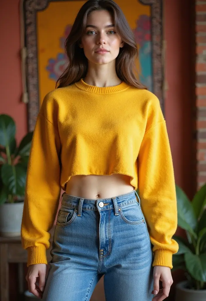 25 Yellow Sweater Outfit Inspirations For Real Life - 2. Cropped Sweater with High-Waisted Jeans