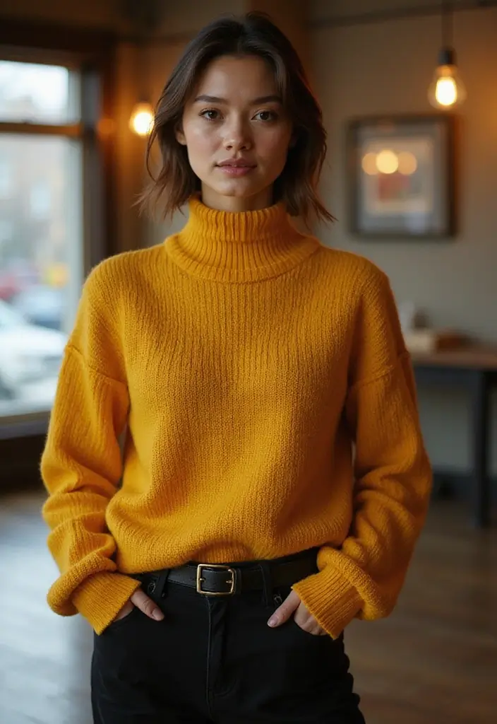 25 Yellow Sweater Outfit Inspirations For Real Life - 20. Layered Yellow Sweater with a Turtleneck