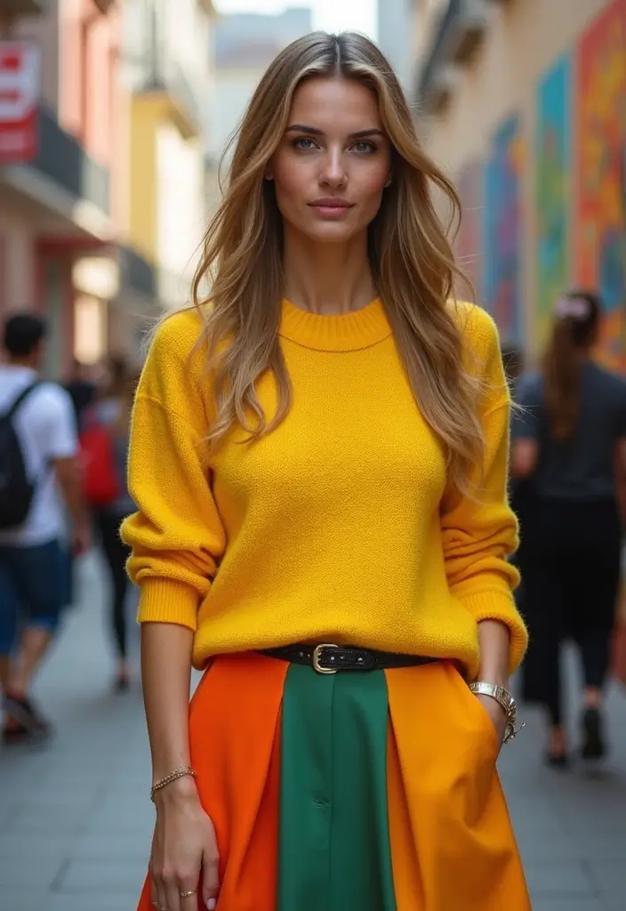 25 Yellow Sweater Outfit Inspirations For Real Life - 21. Yellow Sweater with a Contrast Colored Skirt