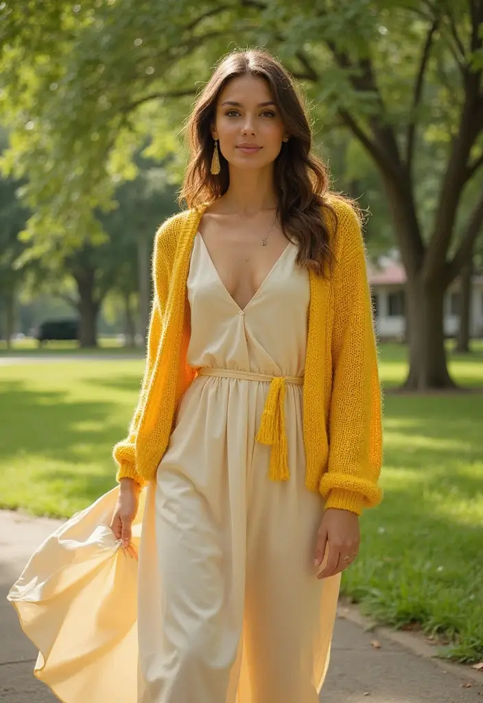 25 Yellow Sweater Outfit Inspirations For Real Life - 22. Yellow Sweater over a Maxi Dress