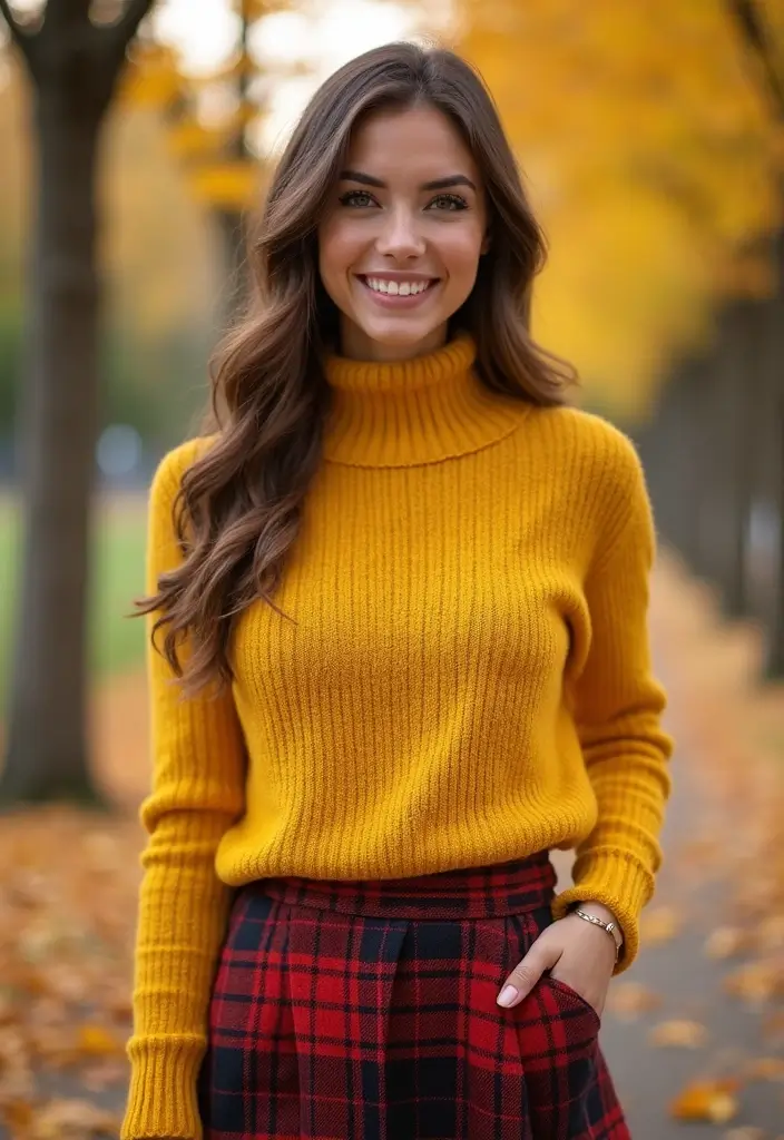 25 Yellow Sweater Outfit Inspirations For Real Life - 7. Yellow Sweater with a Plaid Skirt