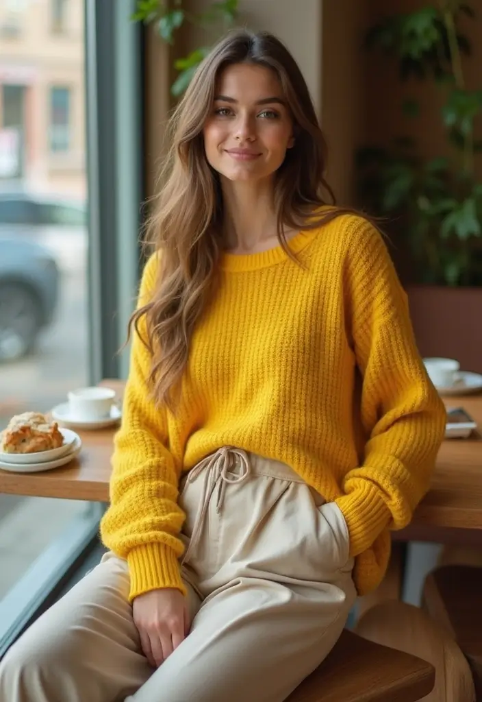 25 Yellow Sweater Outfit Inspirations For Real Life - 8. Yellow Sweater with Relaxed Trousers