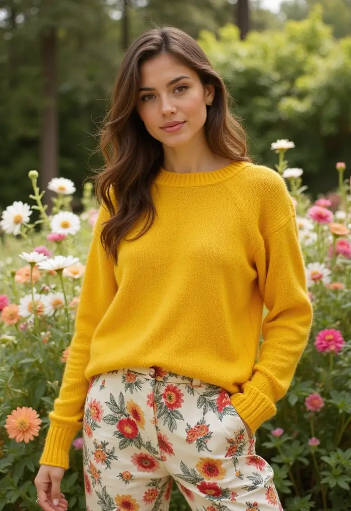 25 Yellow Sweater Outfit Inspirations For Real Life - 9. Yellow Sweater with Floral Pants