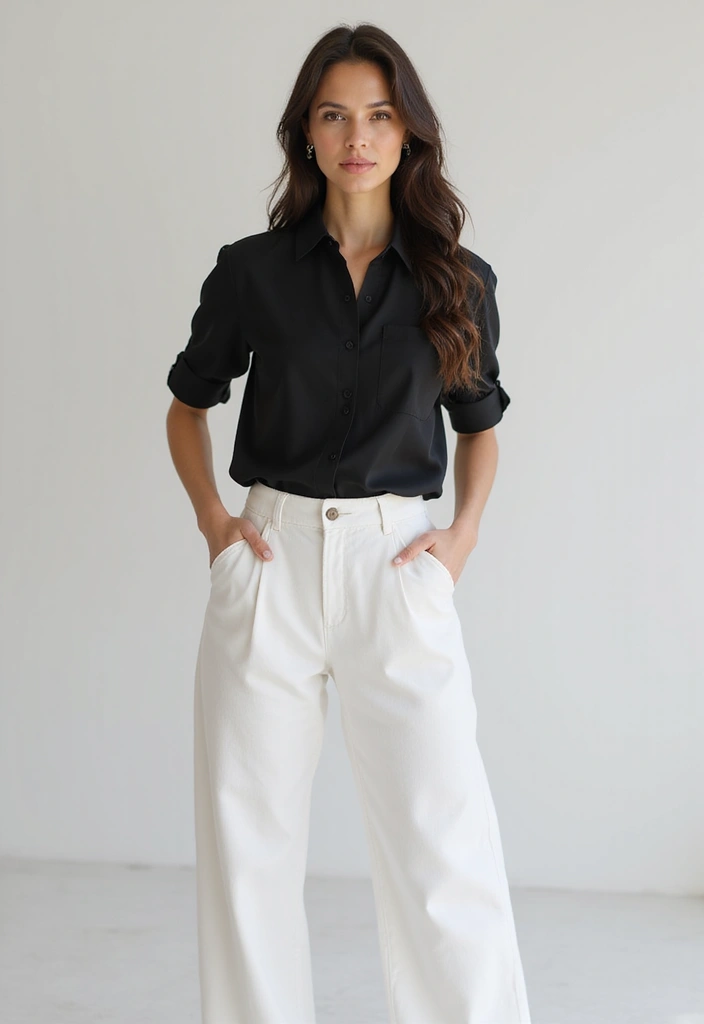 26 Chic Black Button Up Shirt Outfits To Copy Right Now - 19. Classic All-White Ensemble