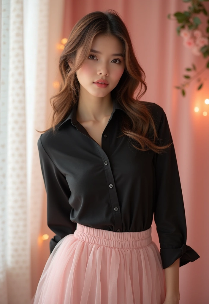 26 Chic Black Button Up Shirt Outfits To Copy Right Now - 21. Effortless Romantic Pairing