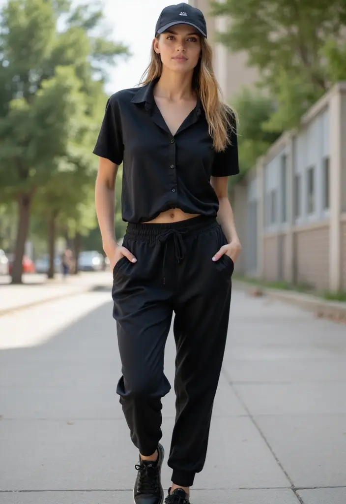 26 Chic Black Button Up Shirt Outfits To Copy Right Now - 4. Sporty and Stylish