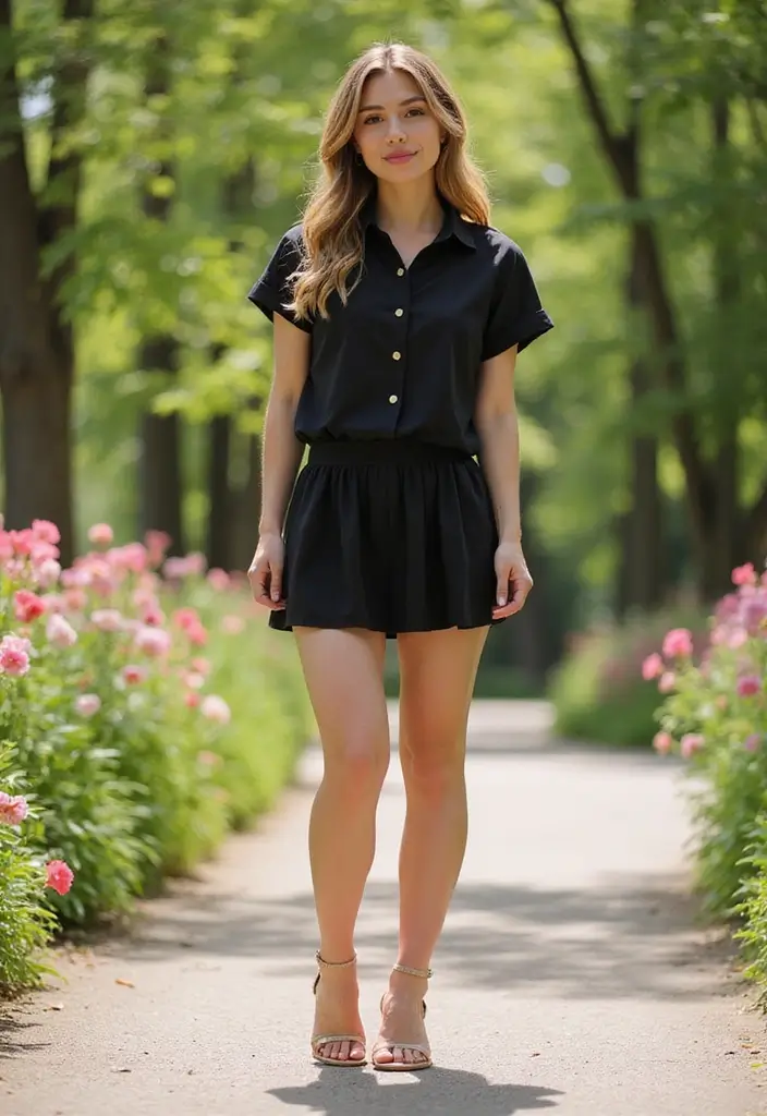26 Chic Black Button Up Shirt Outfits To Copy Right Now - 5. Flirty Skirt Match