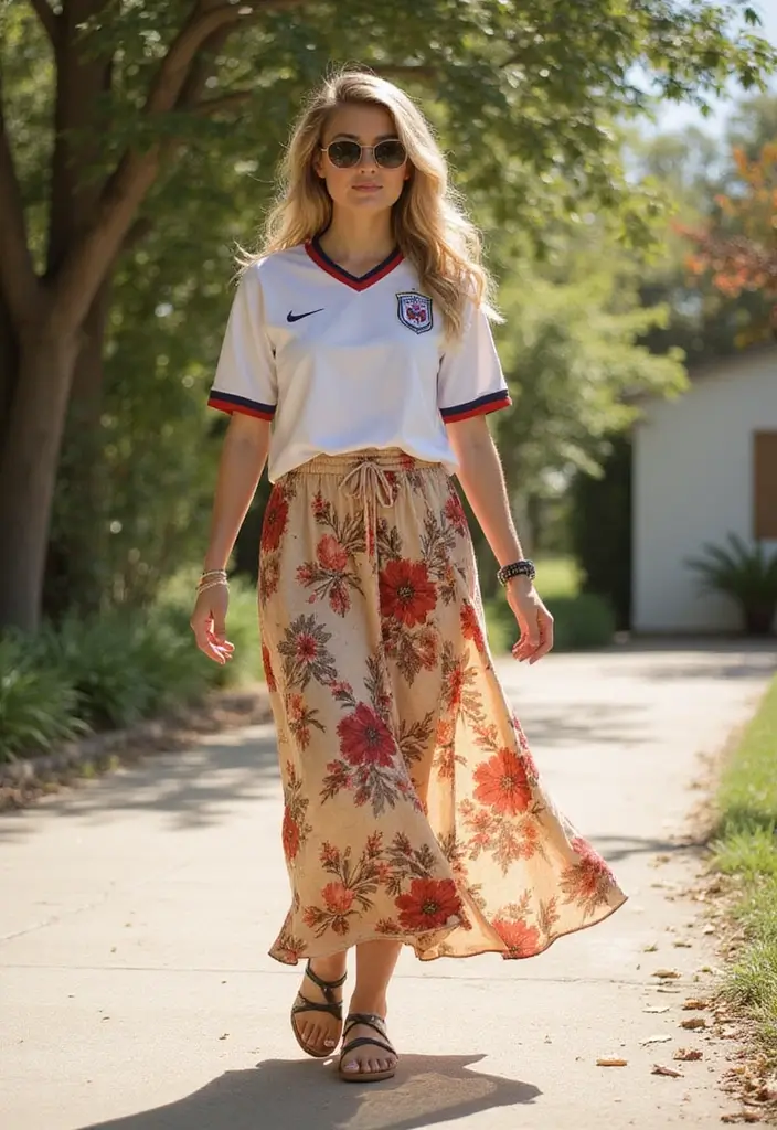26 Fresh Soccer Jersey Outfit Ideas You Need To Try - 11. Pairing with a Maxi Skirt