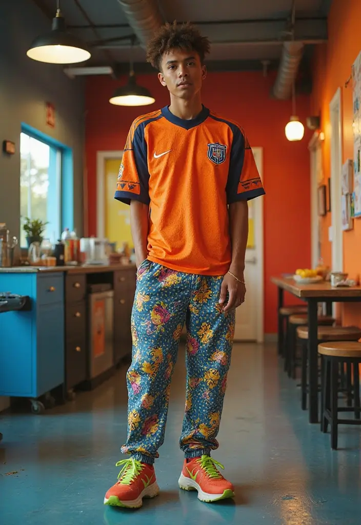 26 Fresh Soccer Jersey Outfit Ideas You Need To Try - 19. Funky with Printed Trousers