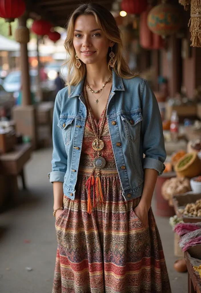 26 Jpop Idol Outfit Dress To Impress Ideas That Feel Effortless - 2. Layered Maxi Dress with a Denim Jacket