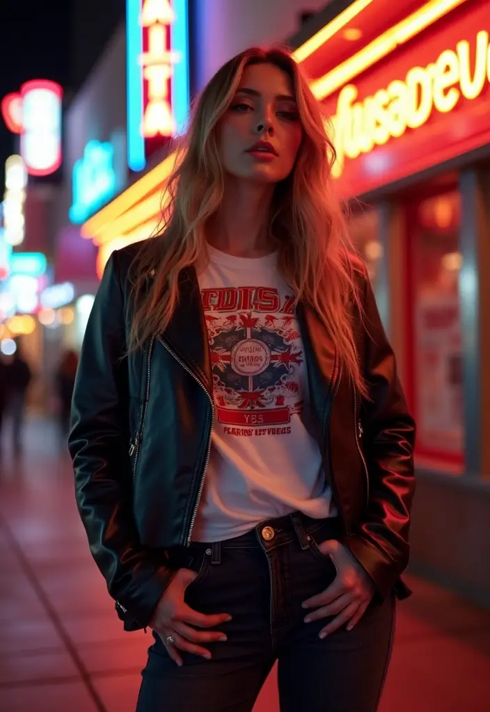 26 Vegas Strip Outfit Looks That Will Upgrade Your Wardrobe - 7. Bold Graphic Tees and Leather Jackets