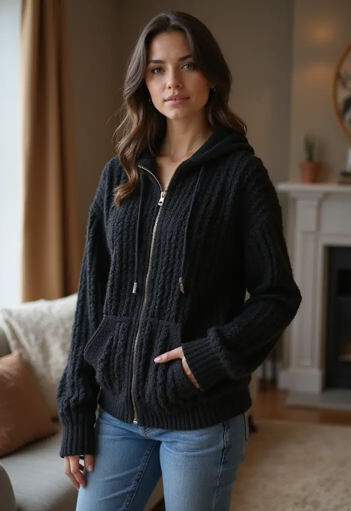 27 Chic Black Zip Up Hoodie Outfit To Copy Right Now - 12. Cozy Knitwear