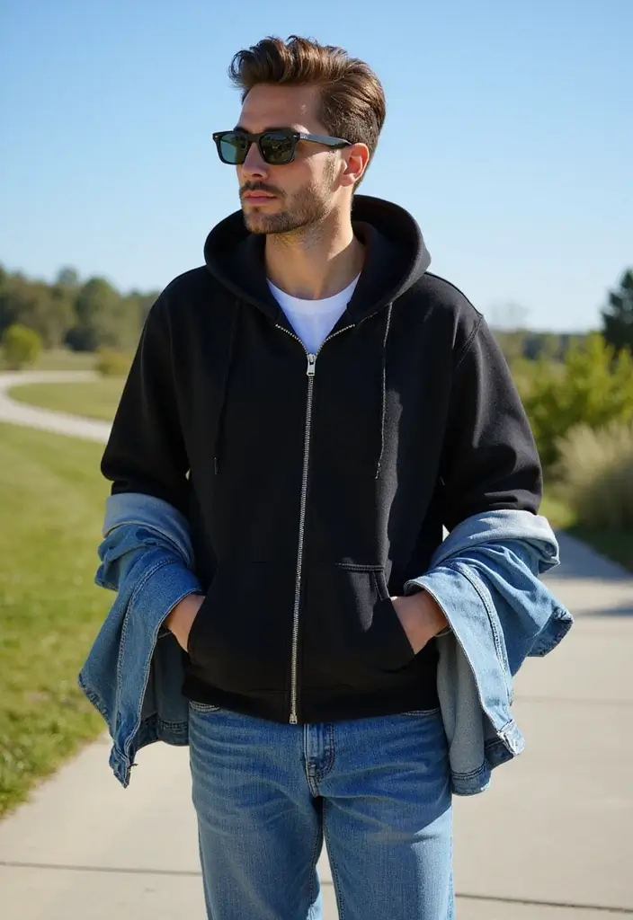 27 Chic Black Zip Up Hoodie Outfit To Copy Right Now - 13. Timeless Denim