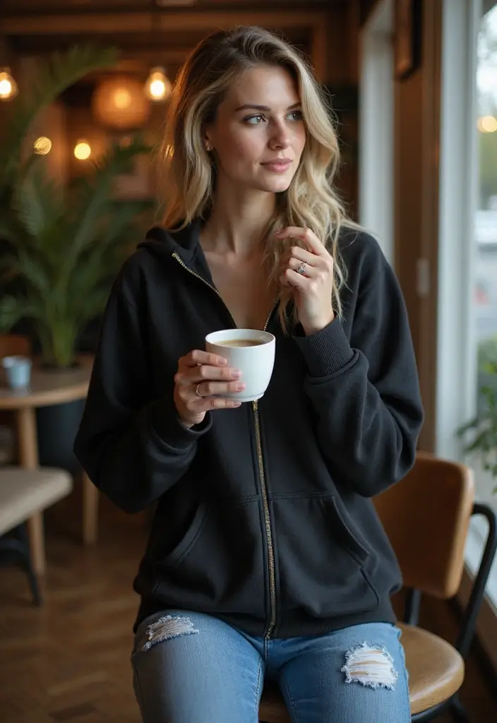 27 Chic Black Zip Up Hoodie Outfit To Copy Right Now - 2. Casual Coffee Date