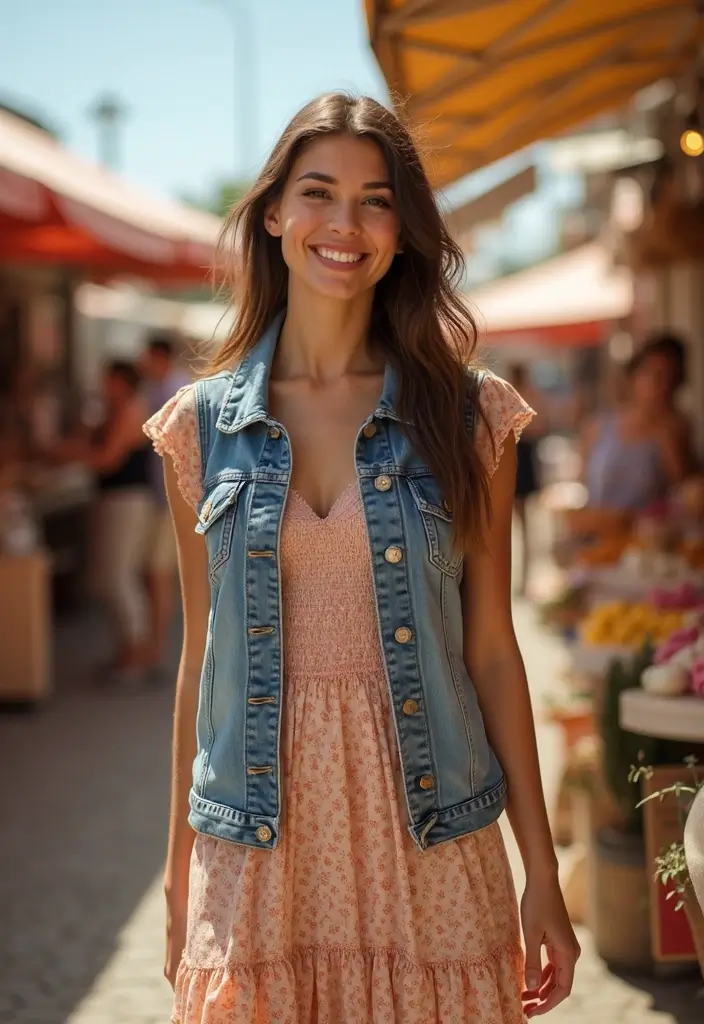 27 Hijab Outfit Summer Ideas That Feel Effortless - 21. Casual Dress with a Denim Vest