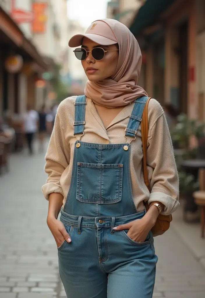 27 Hijab Outfit Summer Ideas That Feel Effortless - 8. Chic Overalls with a Lightweight Hijab