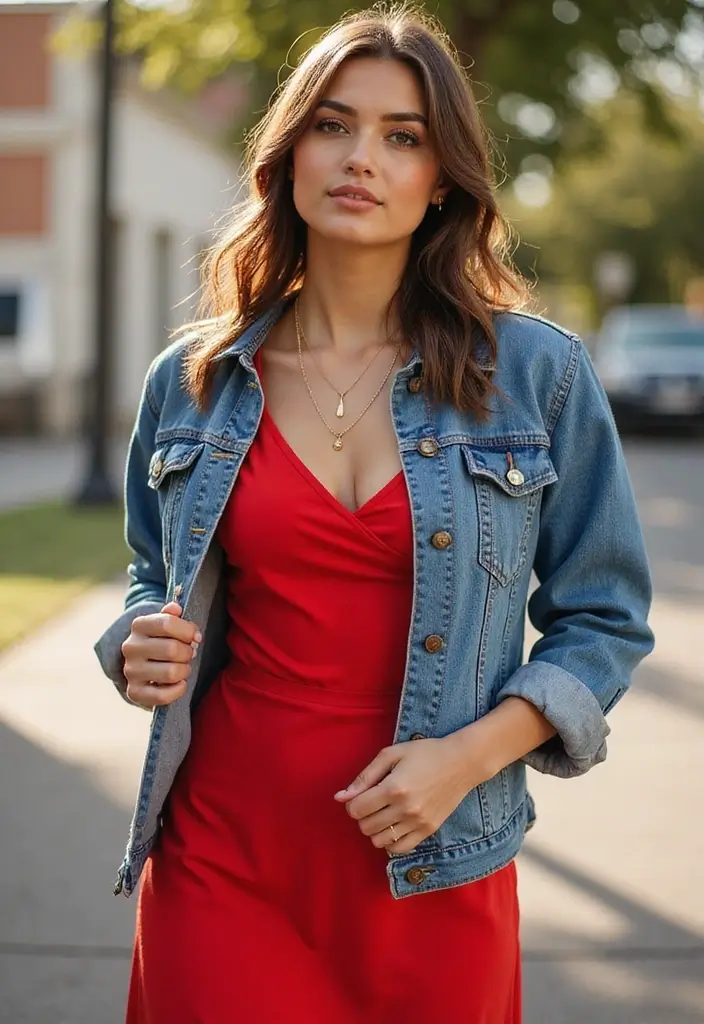 27 Stylish Red Dress Outfits Elegant For Every Occasion - 19. Red Dress with Denim Jacket