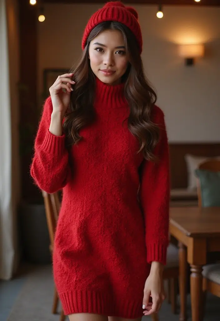 27 Stylish Red Dress Outfits Elegant For Every Occasion - 22. Cozy Red Sweater Dress