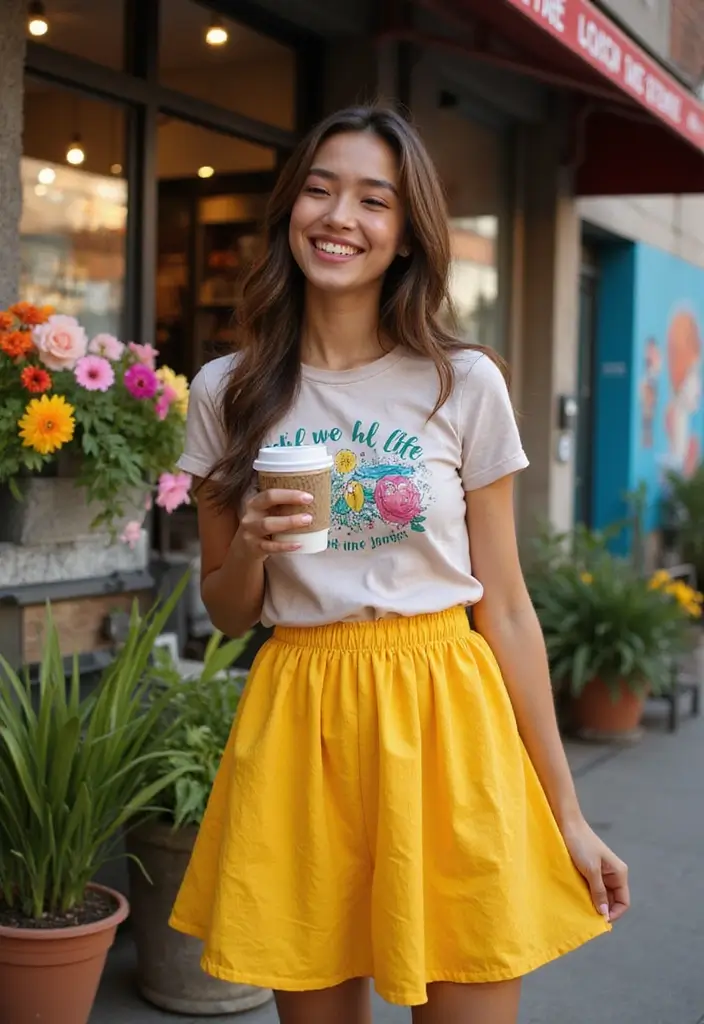 27 Stylish Yellow Skirt Outfits For Every Occasion - 1. Casual Chic with a Graphic Tee