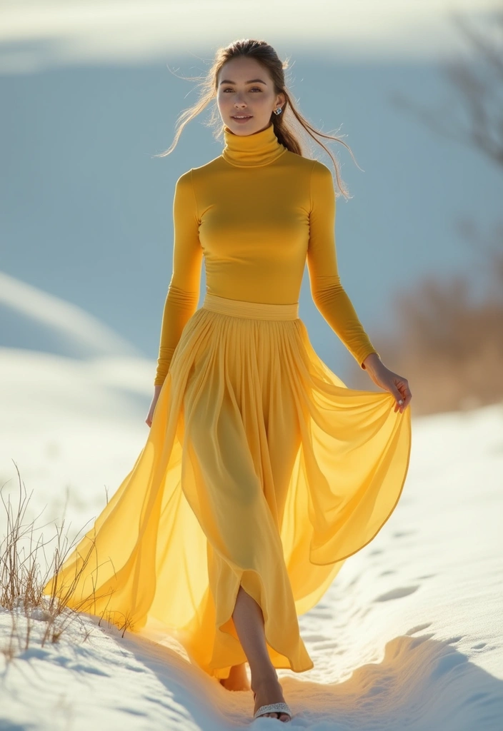 27 Stylish Yellow Skirt Outfits For Every Occasion - 16. Layering with a Turtleneck