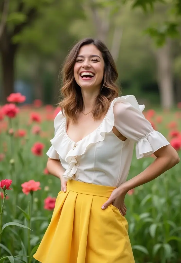 27 Stylish Yellow Skirt Outfits For Every Occasion - 18. Flirty Look with Ruffles