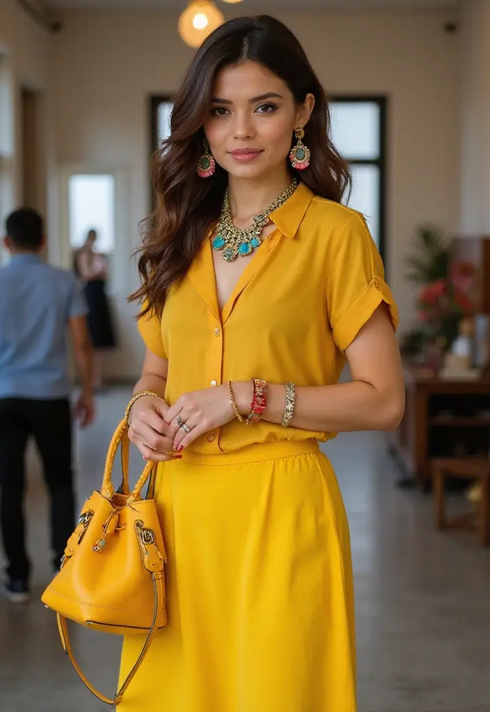 27 Stylish Yellow Skirt Outfits For Every Occasion - 21. Bright Accessories to Match