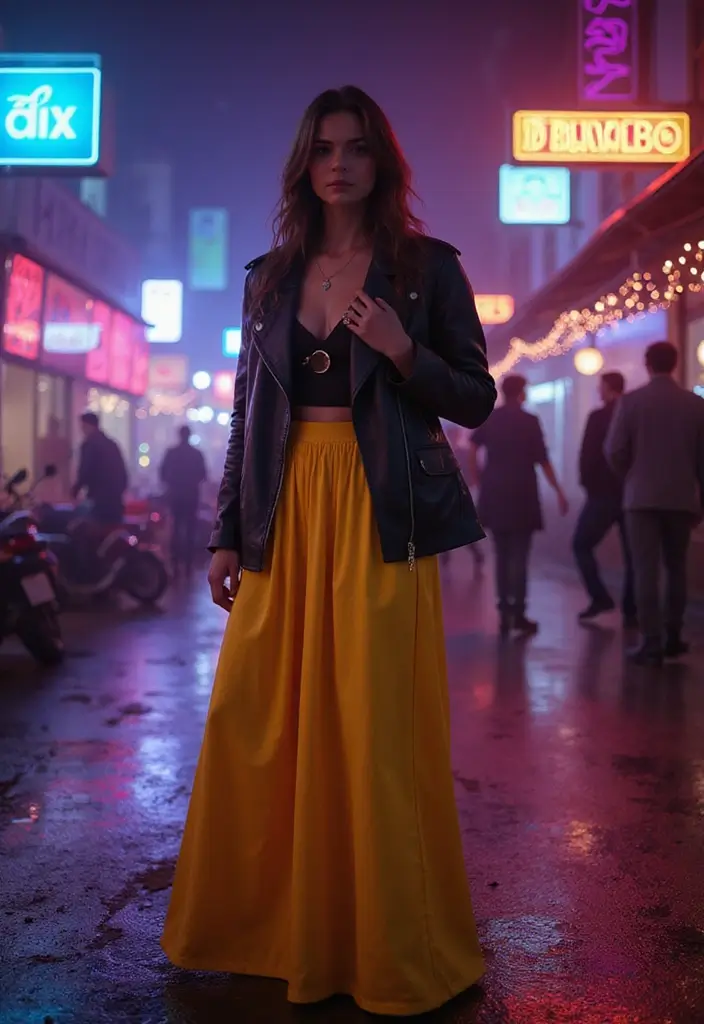 27 Stylish Yellow Skirt Outfits For Every Occasion - 23. Edgy Look with a Leather Jacket