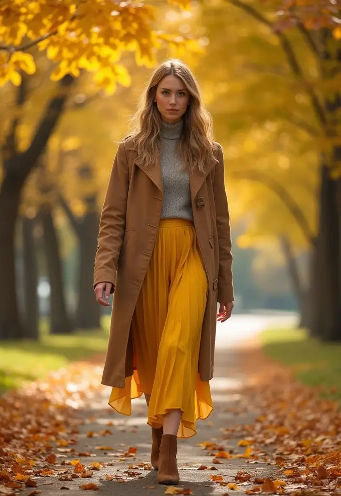 27 Stylish Yellow Skirt Outfits For Every Occasion - 6. Layering for Fall