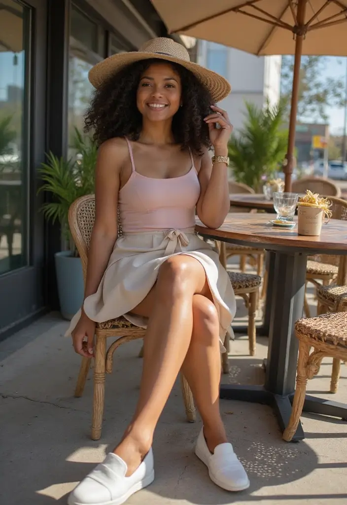 27 Trendy Tennis Skirt Outfit Black Women To Refresh Your Closet - 14. Cute and Comfortable with Slip-On Shoes