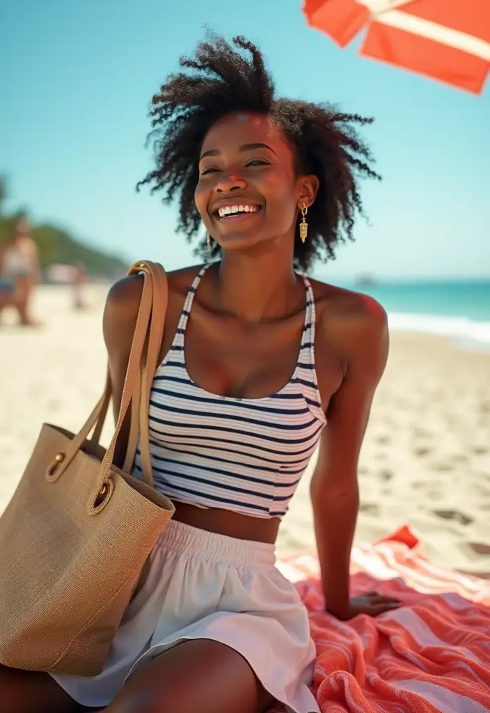 27 Trendy Tennis Skirt Outfit Black Women To Refresh Your Closet - 7. Casual Stripes for Summer Vibes