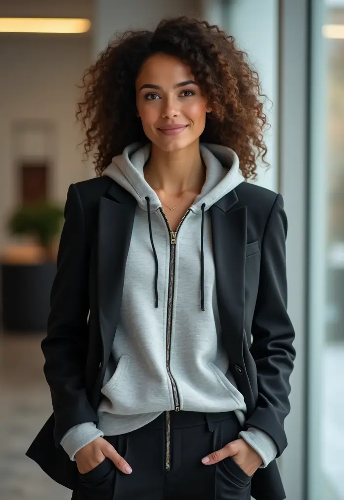 27 Zip Up Hoodie Outfits That Flatter Every Figure - 25. Hoodie with a Tailored Blazer