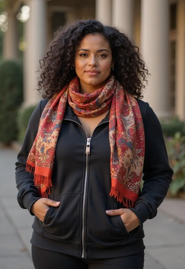 27 Zip Up Hoodie Outfits That Flatter Every Figure - 9. Hoodie with a Statement Scarf