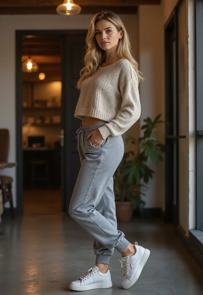 28 Basic White Girl Outfits That Flatter Every Figure - 15. Layered Crop Sweater with Sweatpants