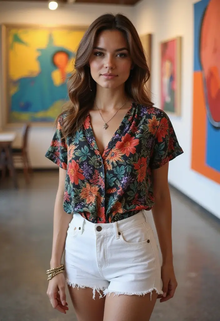 28 Chic White Jean Shorts Outfit To Copy Right Now - 15. Artistic Print Blouses