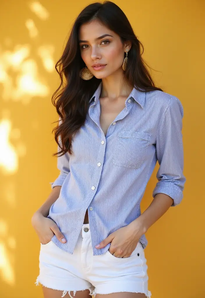 28 Chic White Jean Shorts Outfit To Copy Right Now - 2. Striped Button-Up Bliss