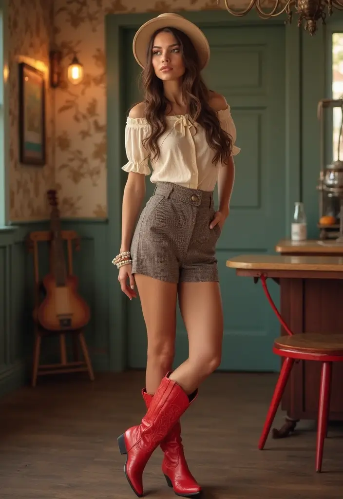 28 Red Cowboy Boots Outfit Looks That Will Upgrade Your Wardrobe - 13. Vintage Inspired Aesthetic