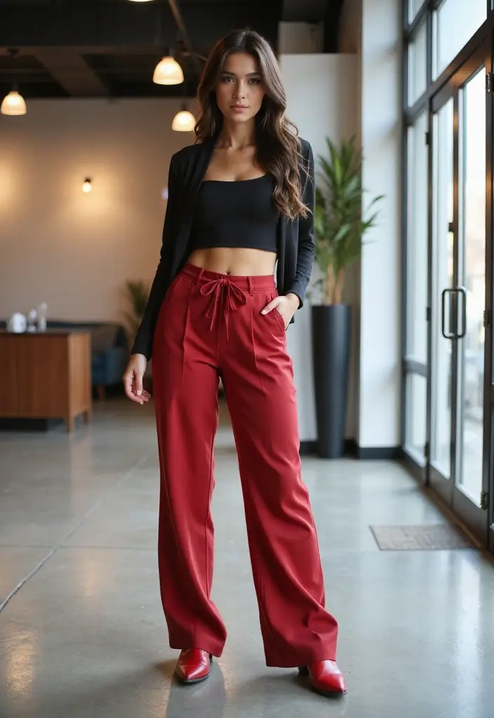 28 Red Cowboy Boots Outfit Looks That Will Upgrade Your Wardrobe - 18. Stylish Wide-Leg Pants