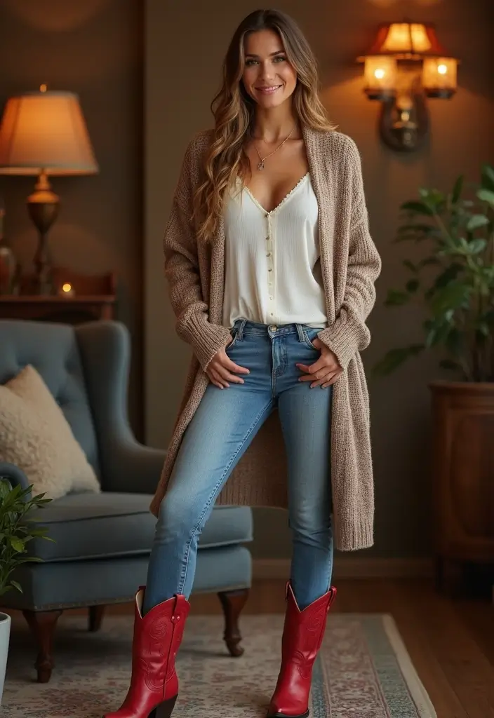 28 Red Cowboy Boots Outfit Looks That Will Upgrade Your Wardrobe - 24. Stylish Drape Cardigan Look