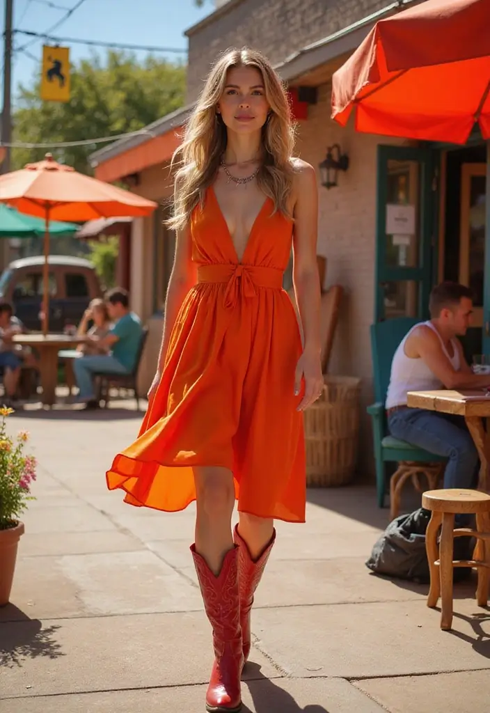 28 Red Cowboy Boots Outfit Looks That Will Upgrade Your Wardrobe - 27. Bold Colors Combination
