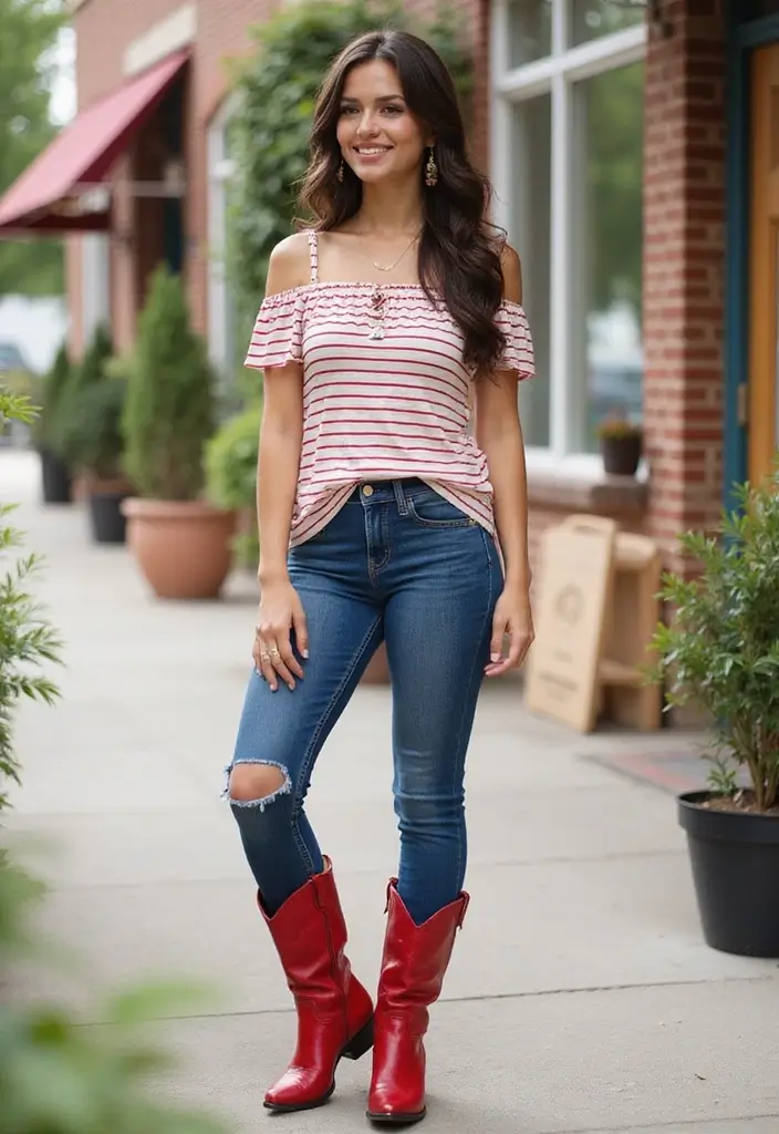 28 Red Cowboy Boots Outfit Looks That Will Upgrade Your Wardrobe - 28. Classic Striped Top & Jeans