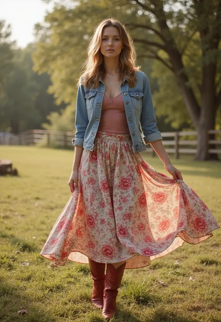 28 Red Cowboy Boots Outfit Looks That Will Upgrade Your Wardrobe - 5. Romantic Floral Skirt Ensemble